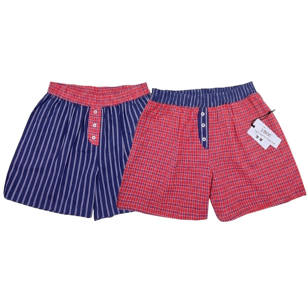 2 Cotton Sleep Shorts Womens (L) Pajama Boxer Pockets Red Gingham & Blue Striped